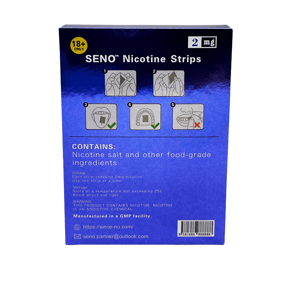 SENO Blueberry 2mg dissolvable nicotine strips back of package showing how to use nicotine strips instructions, nicotine salt food-grade ingredients list, GMP manufactured tobacco-free nicotine strips Canada