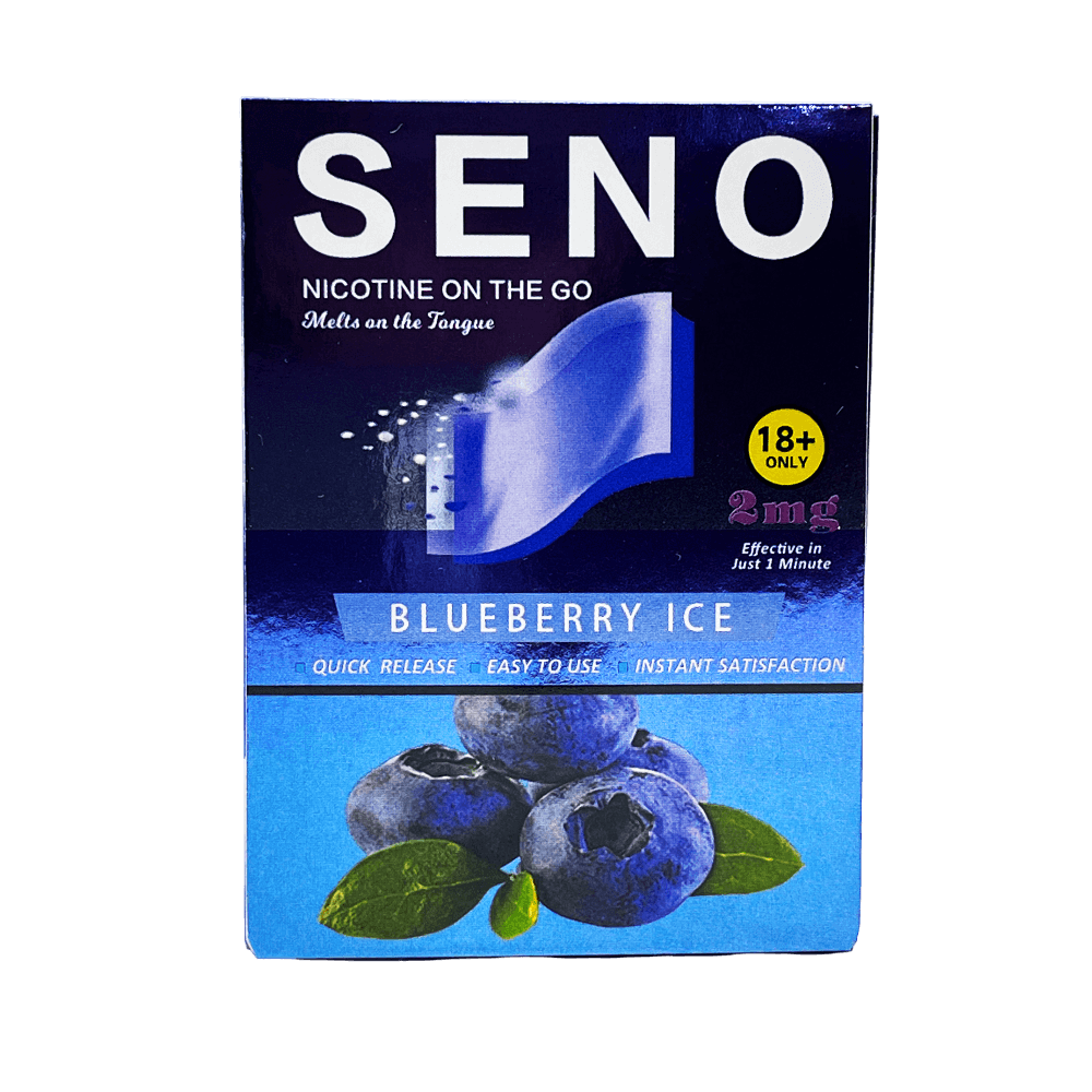 SENO Blueberry dissolvable nicotine strips 2mg front package, tobacco-free nicotine strips that melt on tongue in 1 minute, quick release instant satisfaction, buy nicotine strips online Canada