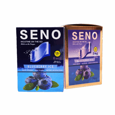Two packs of SENO Blueberry dissolvable nicotine strips 2mg, 20 tobacco-free nicotine strips per pack, best nicotine strips online Canada, melts on tongue quick release instant satisfaction