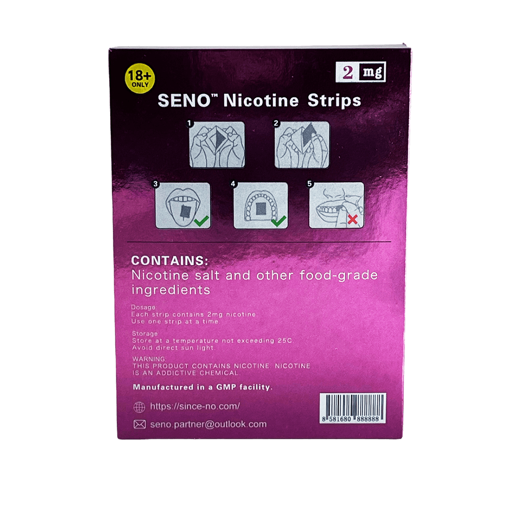 SENO Grape Ice 2mg dissolvable nicotine strips back of package showing how to use nicotine strips instructions, nicotine salt food-grade ingredients list, GMP manufactured tobacco-free nicotine strips Canada