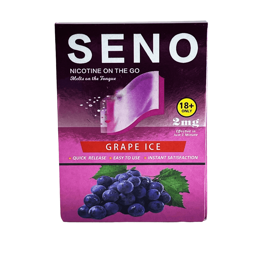SENO Grape Ice dissolvable nicotine strips 2mg front package, tobacco-free nicotine strips that melt on tongue in 1 minute, quick release instant satisfaction, buy nicotine strips online Canada