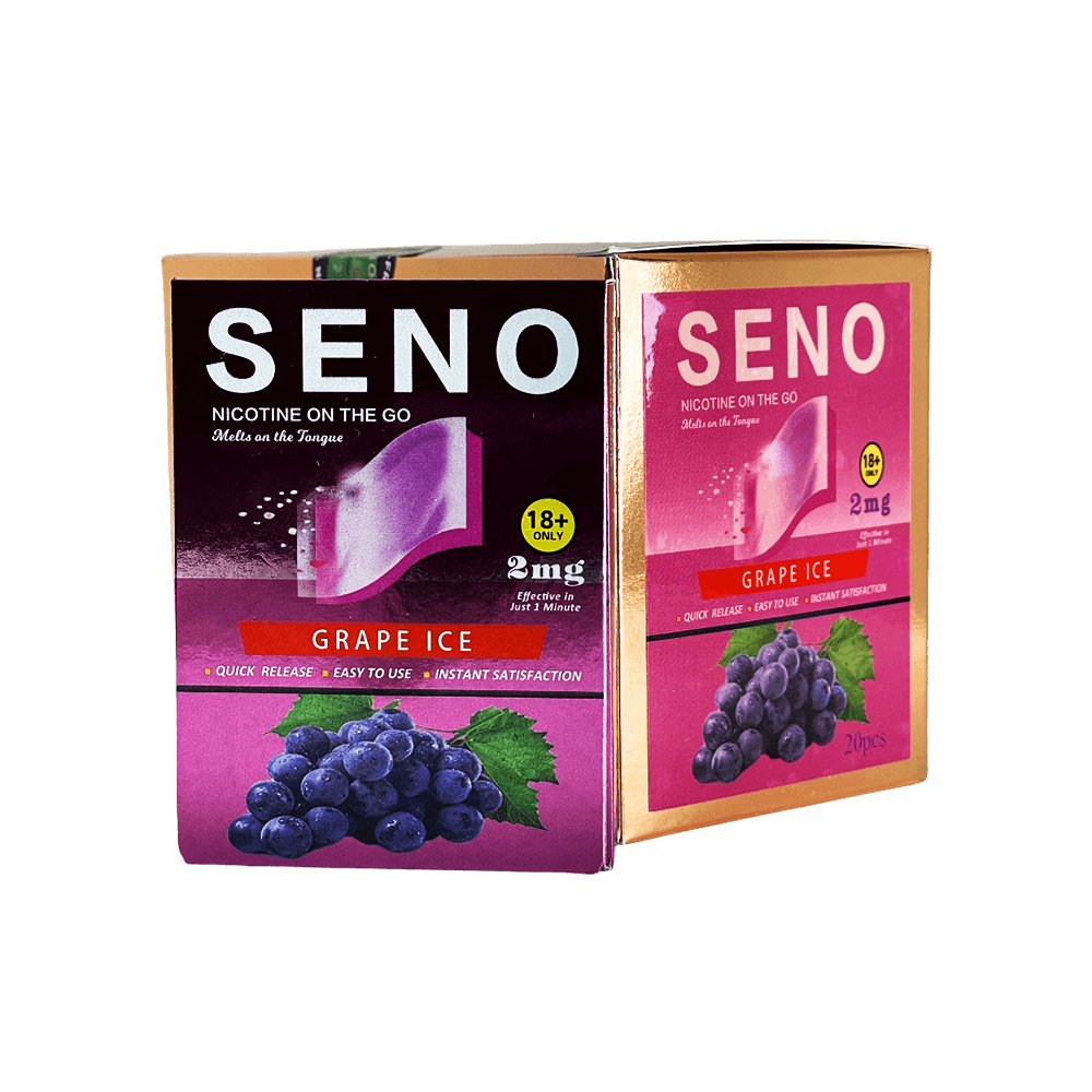 Two packs of SENO Grape Ice dissolvable nicotine strips 2mg, 20 tobacco-free nicotine strips per pack, best nicotine strips online Canada, melts on tongue quick release instant satisfaction