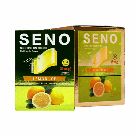 Two packs of SENO Lemon Ice dissolvable nicotine strips 2mg, 20 tobacco-free nicotine strips per pack, best nicotine strips online Canada, melts on tongue quick release instant satisfaction
