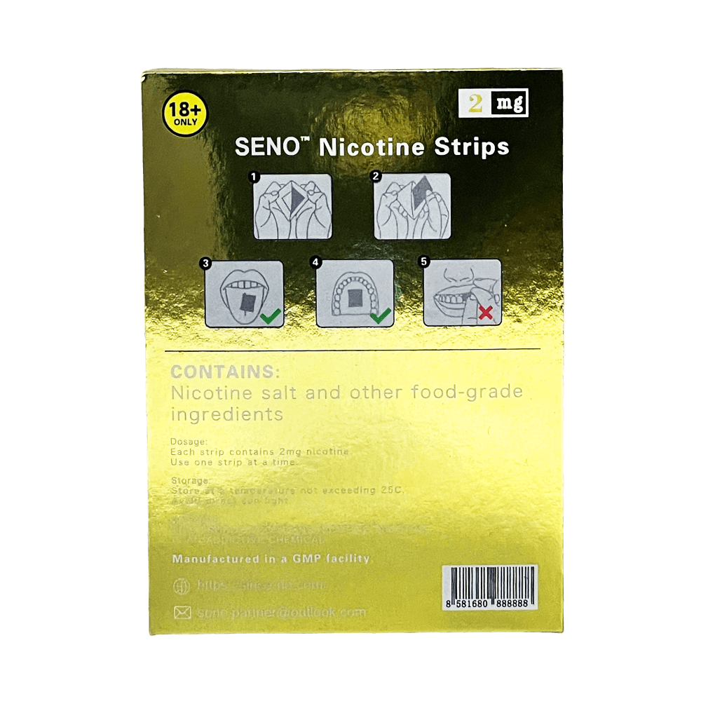 SENO Mango Ice 2mg dissolvable nicotine strips back of package showing how to use nicotine strips instructions, nicotine salt food-grade ingredients list, GMP manufactured tobacco-free nicotine strips Canada