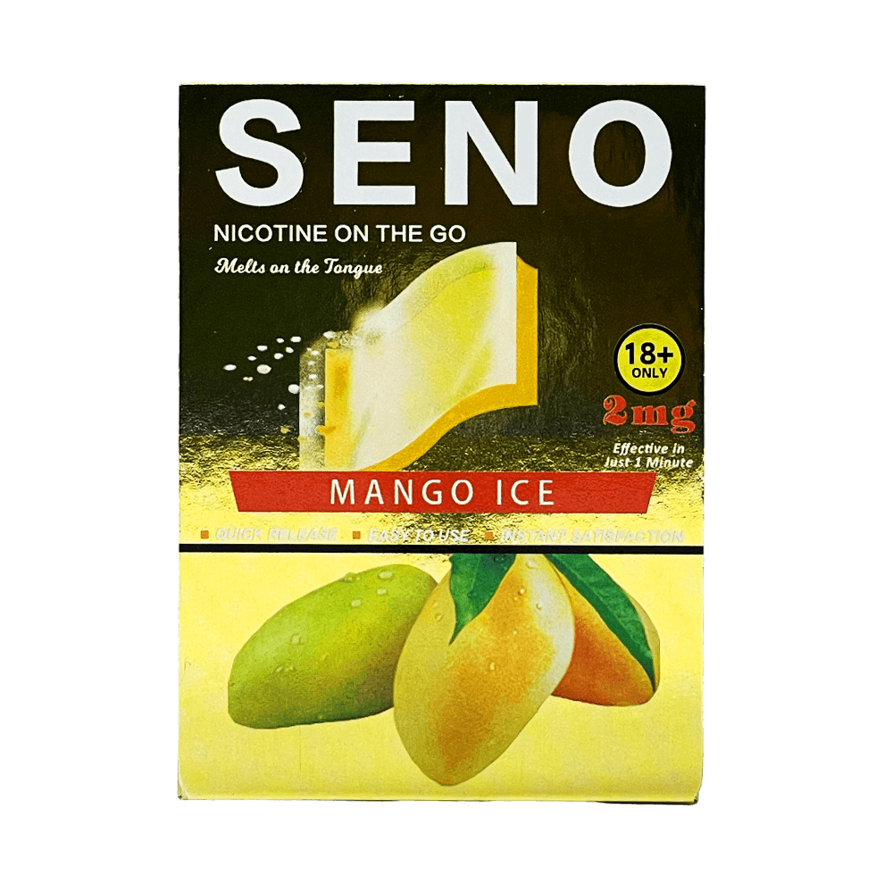 SENO Mango Ice dissolvable nicotine strips 2mg front package, tobacco-free nicotine strips that melt on tongue in 1 minute, quick release instant satisfaction, buy nicotine strips online Canada