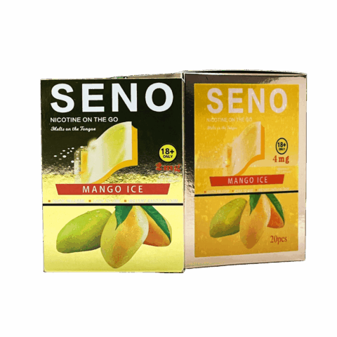 Two packs of SENO Mango Ice dissolvable nicotine strips 2mg, 20 tobacco-free nicotine strips per pack, best nicotine strips online Canada, melts on tongue quick release instant satisfaction