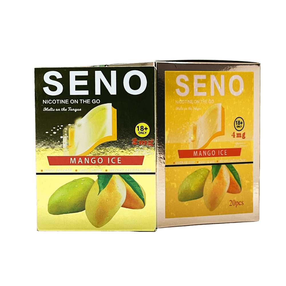 Two packs of SENO Mango Ice dissolvable nicotine strips 2mg, 20 tobacco-free nicotine strips per pack, best nicotine strips online Canada, melts on tongue quick release instant satisfaction