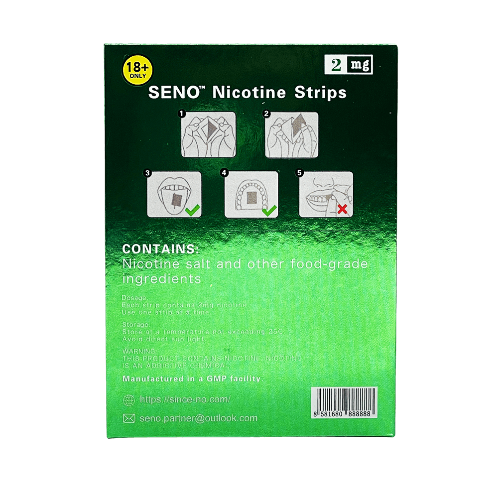 SENO Mint Ice 2mg dissolvable nicotine strips back of package showing how to use nicotine strips instructions, nicotine salt food-grade ingredients list, GMP manufactured tobacco-free nicotine strips Canada