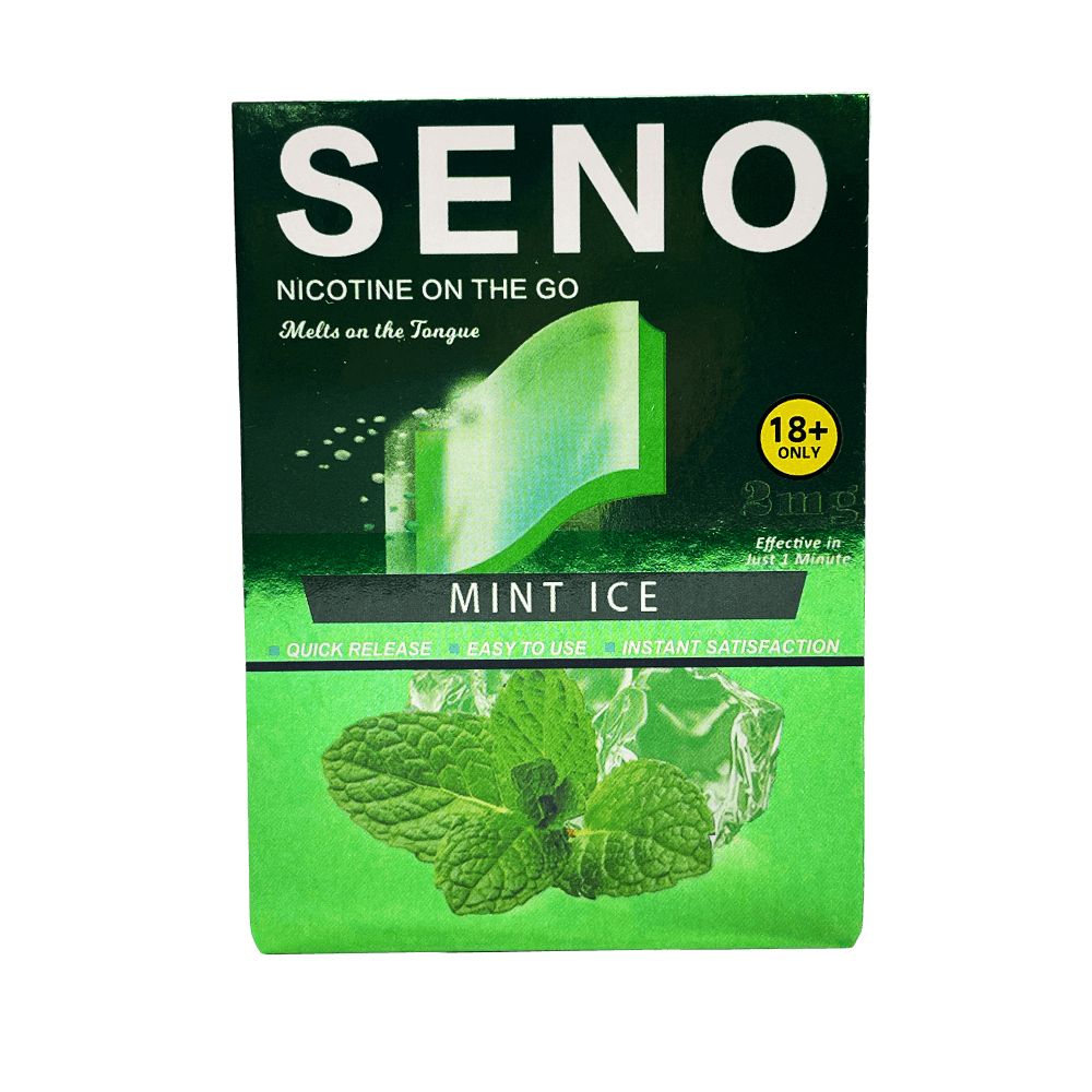 SENO Mint Ice dissolvable nicotine strips 2mg front package, tobacco-free nicotine strips that melt on tongue in 1 minute, quick release instant satisfaction, buy nicotine strips online Canada