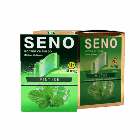 Two packs of SENO Mint Ice dissolvable nicotine strips 2mg, 20 tobacco-free nicotine strips per pack, best nicotine strips online Canada, melts on tongue quick release instant satisfaction