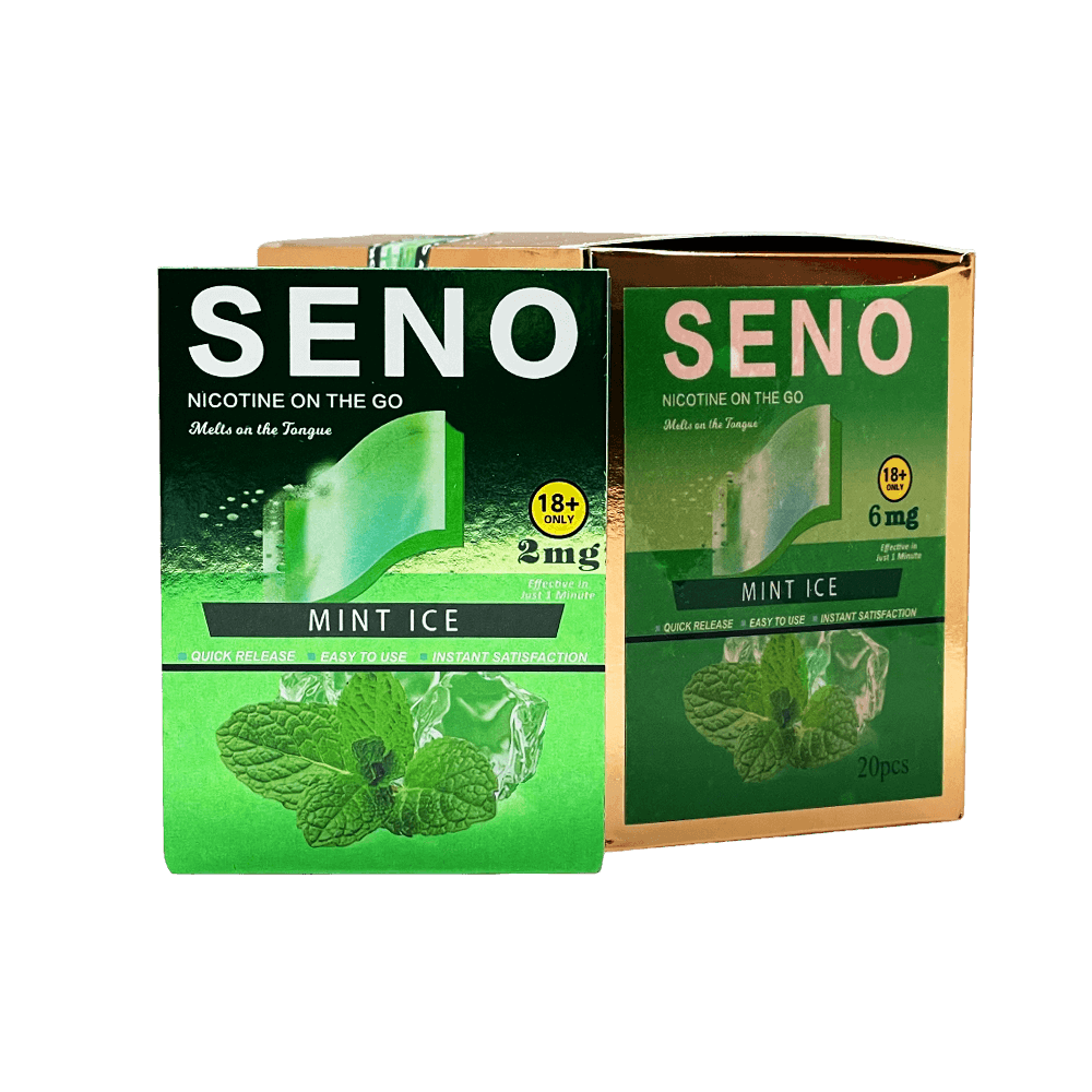 Two packs of SENO Mint Ice dissolvable nicotine strips 2mg, 20 tobacco-free nicotine strips per pack, best nicotine strips online Canada, melts on tongue quick release instant satisfaction