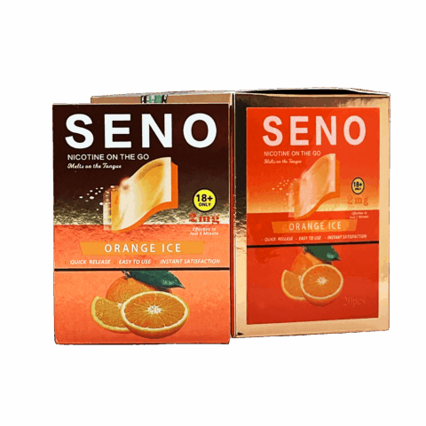 Two packs of SENO Orange Ice dissolvable nicotine strips 2mg, 20 tobacco-free nicotine strips per pack, best nicotine strips online Canada, melts on tongue quick release instant satisfaction