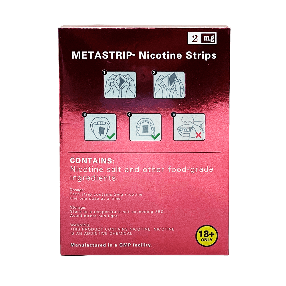 SENO Peach Ice 2mg dissolvable nicotine strips back of package showing how to use nicotine strips instructions, nicotine salt food-grade ingredients list, GMP manufactured tobacco-free nicotine strips Canada