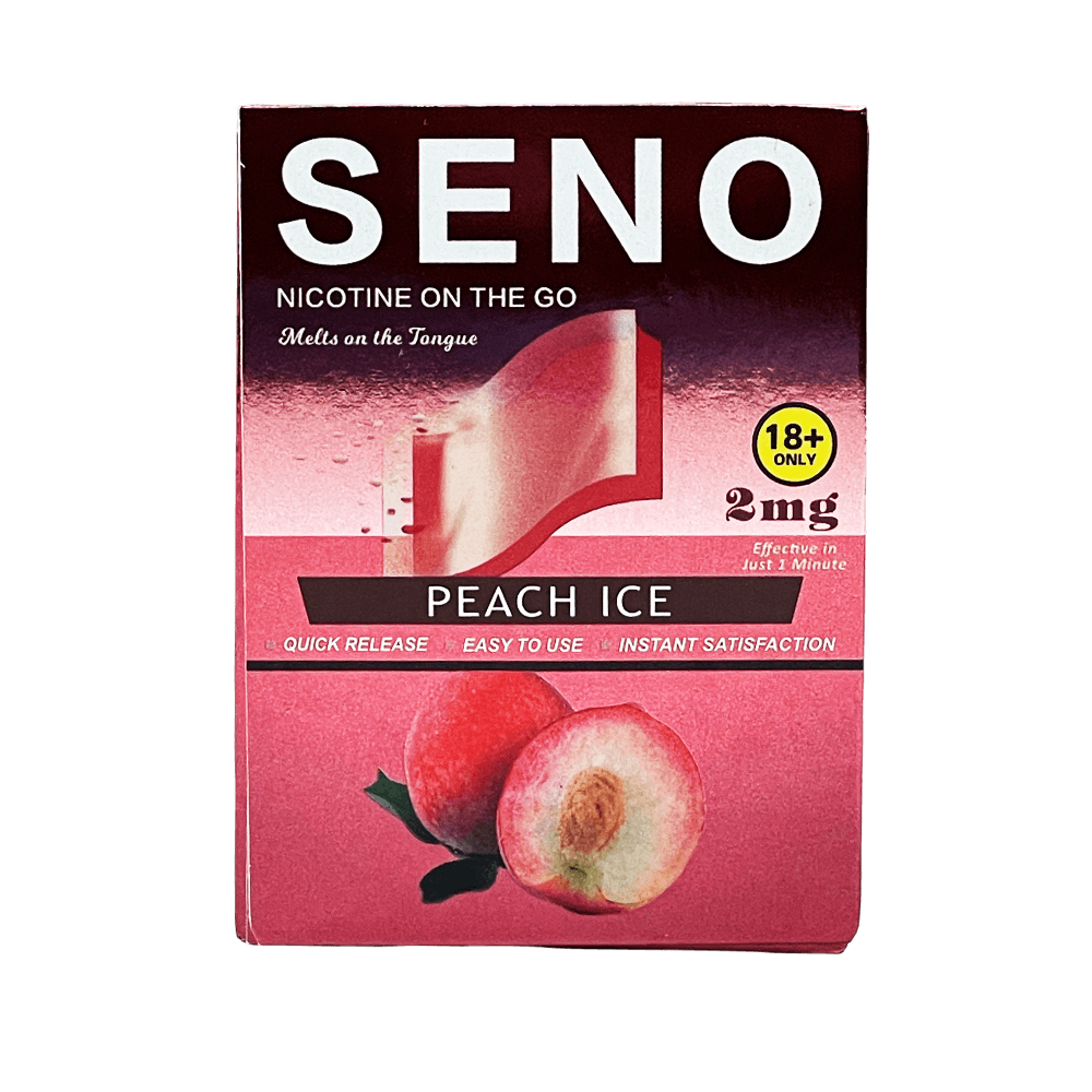 SENO Peach Ice dissolvable nicotine strips 2mg front package, tobacco-free nicotine strips that melt on tongue in 1 minute, quick release instant satisfaction, buy nicotine strips online Canada