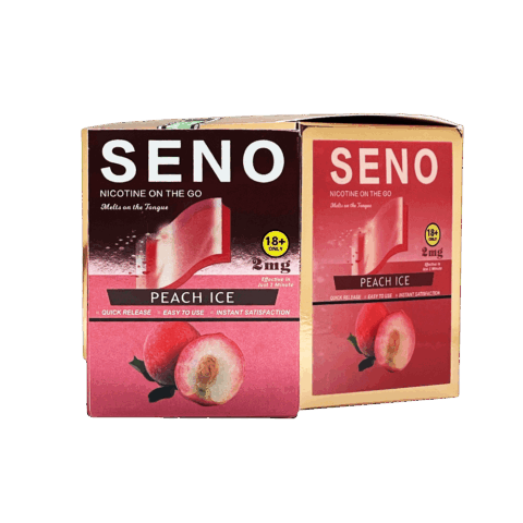 Two packs of SENO Peach Ice dissolvable nicotine strips 2mg, 20 tobacco-free nicotine strips per pack, best nicotine strips online Canada, melts on tongue quick release instant satisfaction
