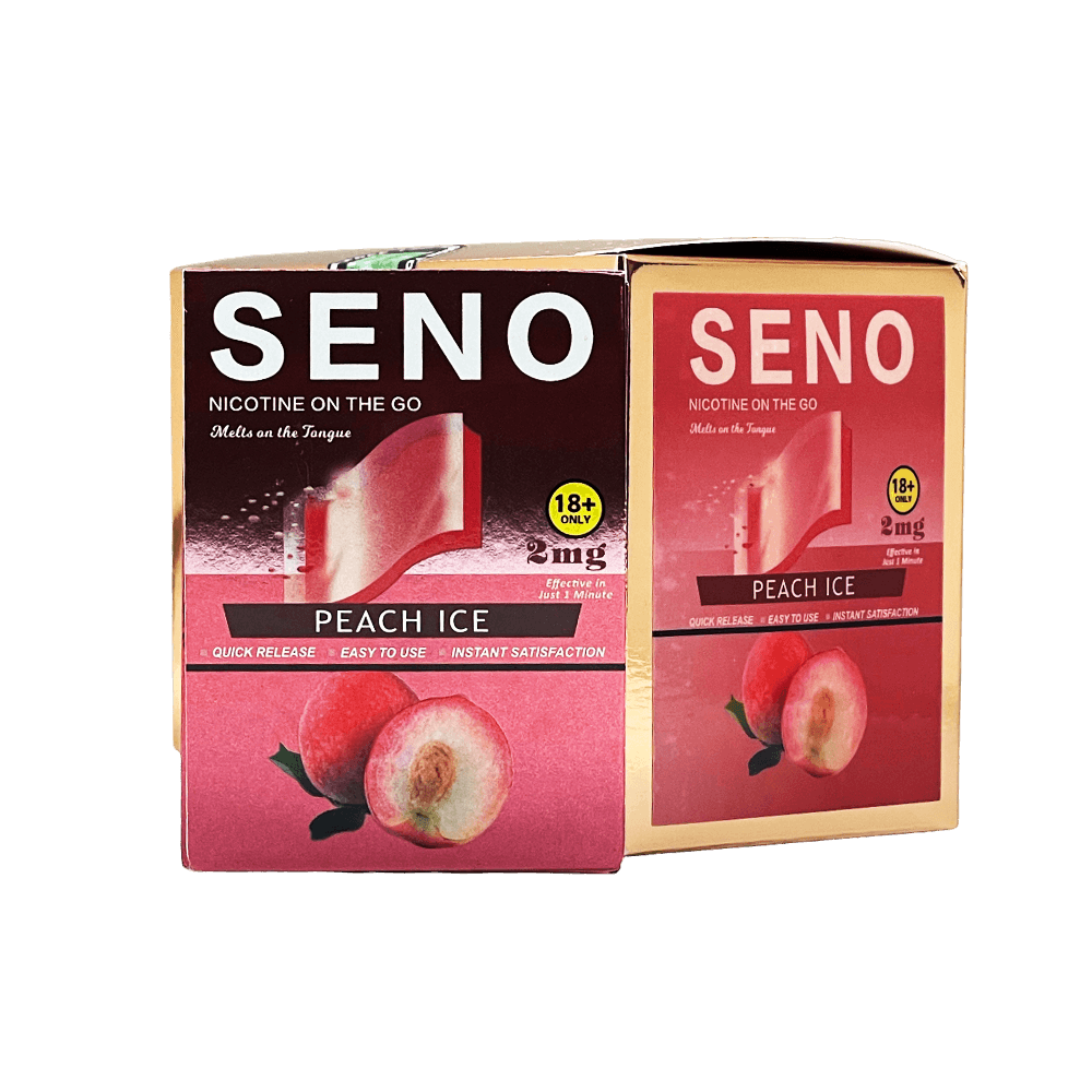 Two packs of SENO Peach Ice dissolvable nicotine strips 2mg, 20 tobacco-free nicotine strips per pack, best nicotine strips online Canada, melts on tongue quick release instant satisfaction