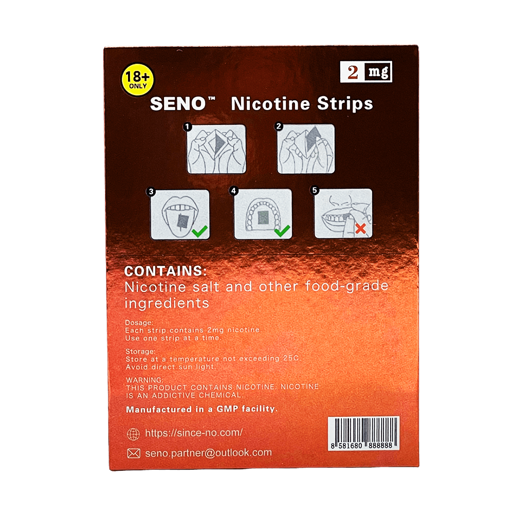 SENO Strawberry Ice 2mg dissolvable nicotine strips back of package showing how to use nicotine strips instructions, nicotine salt food-grade ingredients list, GMP manufactured tobacco-free nicotine strips Canada