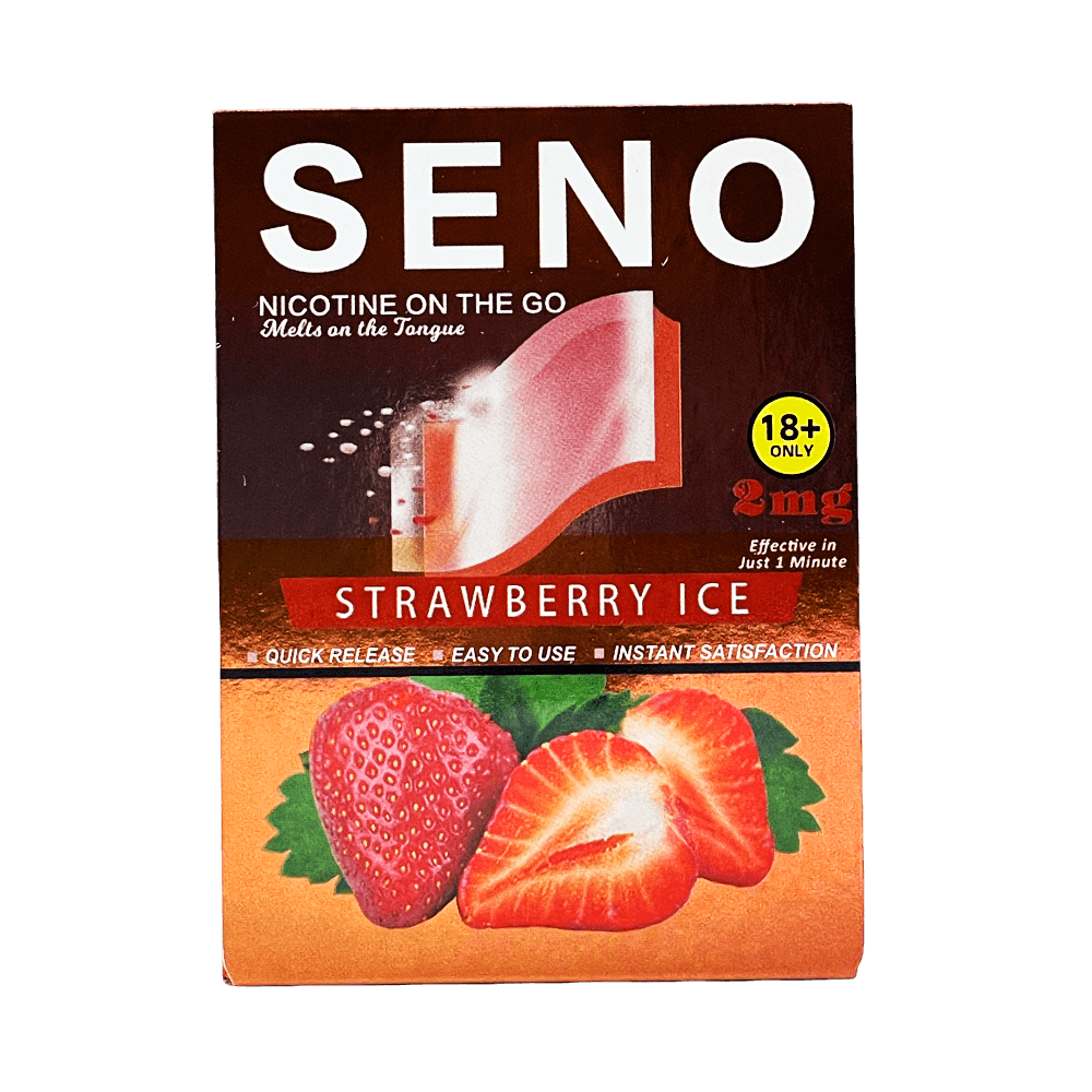 SENO Strawberry Ice dissolvable nicotine strips 2mg front package, tobacco-free nicotine strips that melt on tongue in 1 minute, quick release instant satisfaction, buy nicotine strips online Canada