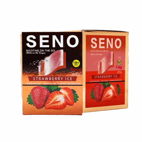 Two packs of SENO Strawberry Ice dissolvable nicotine strips 2mg, 20 tobacco-free nicotine strips per pack, best nicotine strips online Canada, melts on tongue quick release instant satisfaction