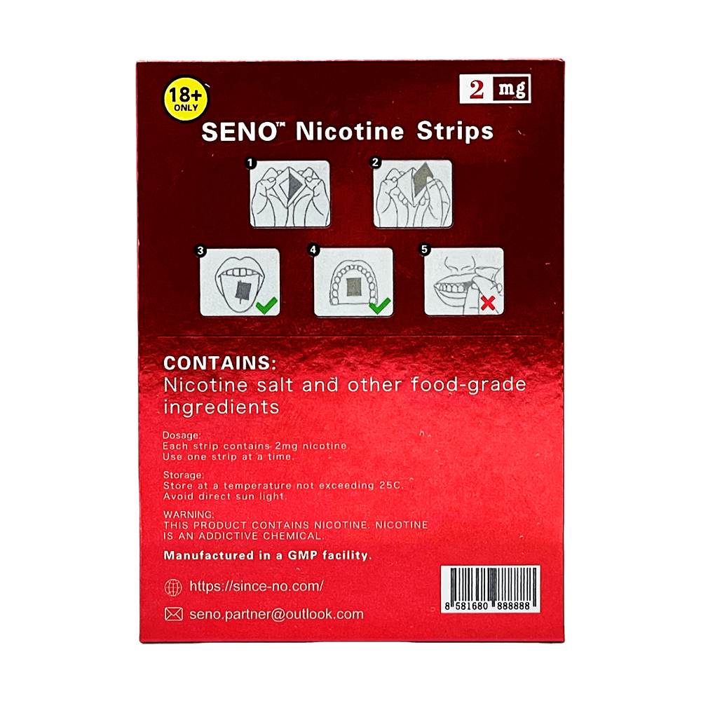 SENO Watermelon Ice 2mg dissolvable nicotine strips back of package showing how to use nicotine strips instructions, nicotine salt food-grade ingredients list, GMP manufactured tobacco-free nicotine strips Canada