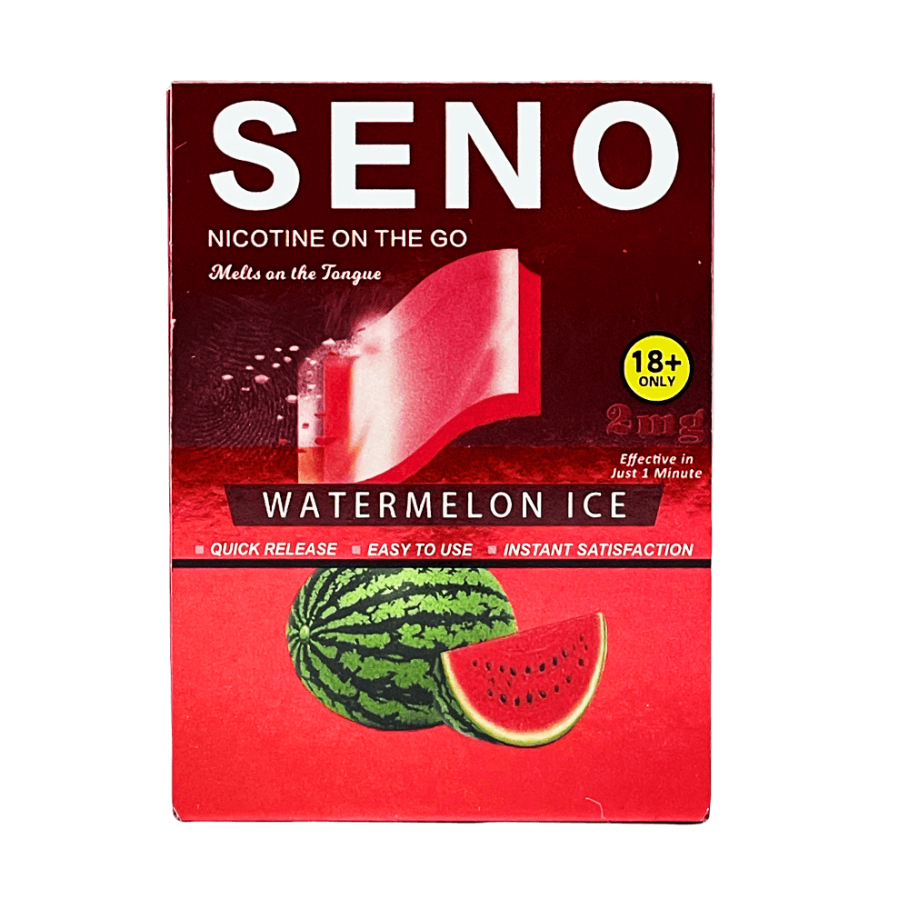 SENO Watermelon Ice dissolvable nicotine strips 2mg front package, tobacco-free nicotine strips that melt on tongue in 1 minute, quick release instant satisfaction, buy nicotine strips online Canada