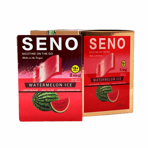 Two packs of SENO Watermelon Ice dissolvable nicotine strips 2mg, 20 tobacco-free nicotine strips per pack, best nicotine strips online Canada, melts on tongue quick release instant satisfaction
