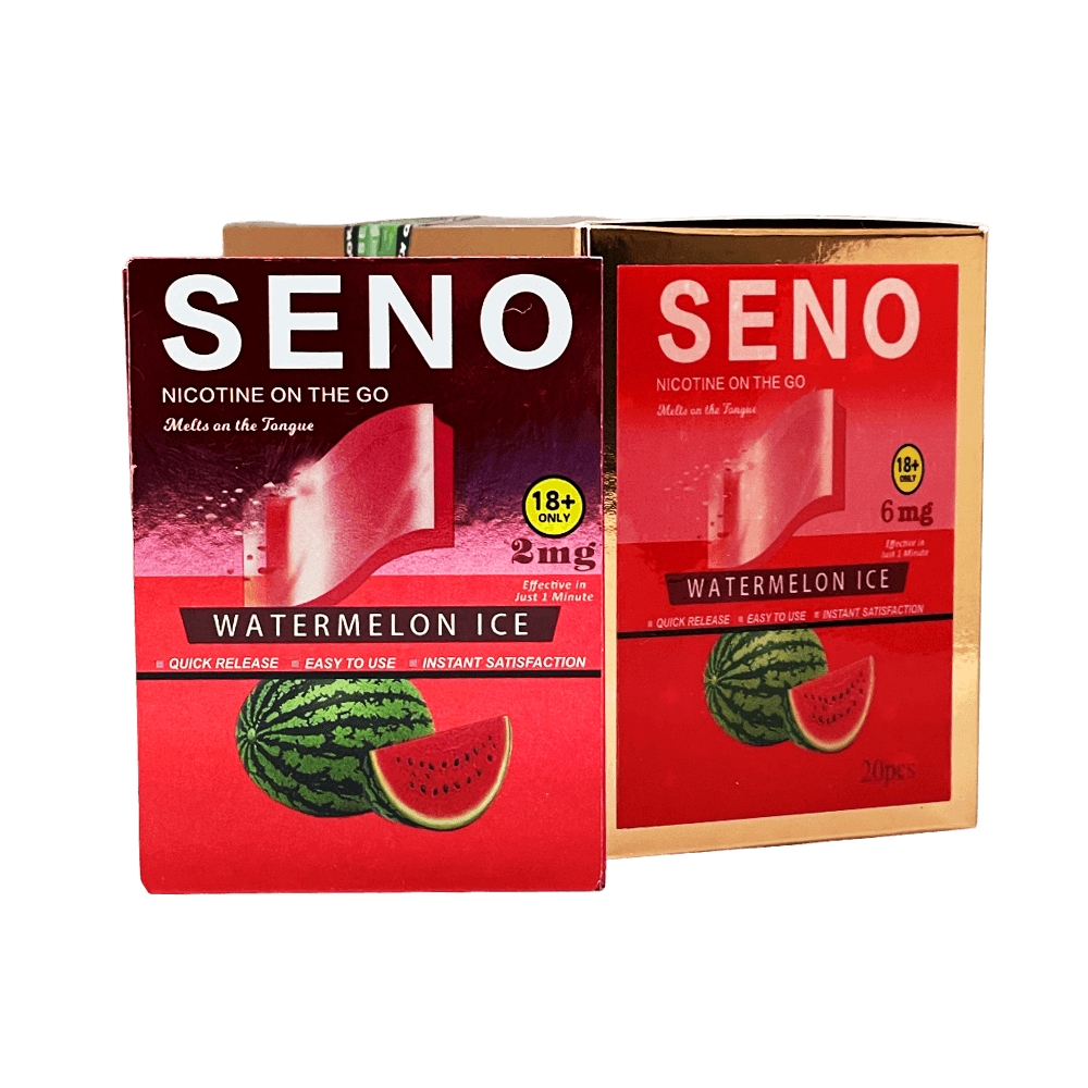 Two packs of SENO Watermelon Ice dissolvable nicotine strips 2mg, 20 tobacco-free nicotine strips per pack, best nicotine strips online Canada, melts on tongue quick release instant satisfaction