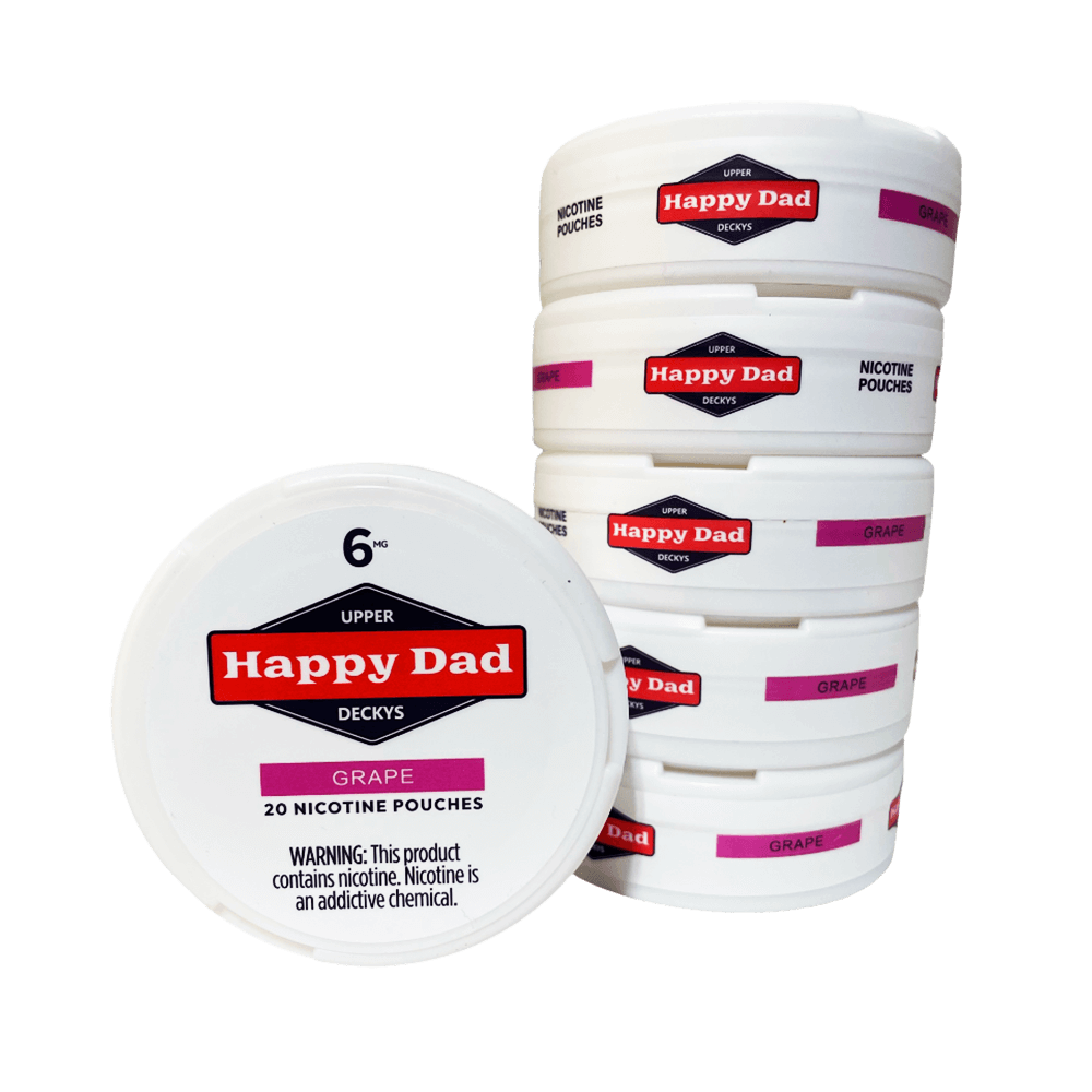 Happy Dad Grape nicotine pouches 6mg Upper Deckys single tin with stack of five tins showing Grape branding by Nelk Boys, 20 pouches per tin, tobacco-free nicotine pouches buy online Canada