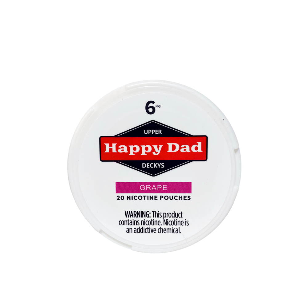 Happy Dad Grape nicotine pouches 6mg Upper Deckys top of tin showing Happy Dad logo and Grape branding by Nelk Boys and Death Row Records, tobacco-free nicotine pouches buy online Canada