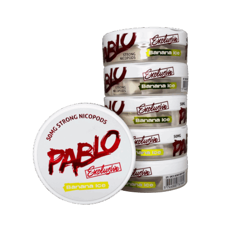 Pablo Exclusive Banana Ice nicotine pouches 50mg/g 30mg per pouch single tin with stack of five tins showing Exclusive Banana Ice side branding in yellow and green, 20 pouches per tin, maximum-strength tobacco-free nicotine pouches buy online Canada