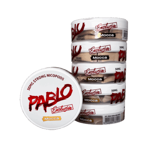 Pablo Exclusive Mocca nicotine pouches 50mg/g 30mg per pouch single tin with stack of five tins showing Exclusive Mocca side branding in warm brown and gold, 20 pouches per tin, maximum-strength tobacco-free nicotine pouches buy online Canada