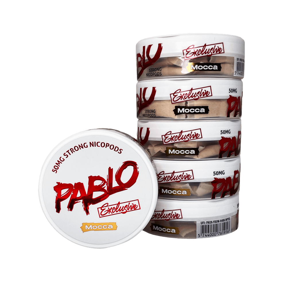 Pablo Exclusive Mocca nicotine pouches 50mg/g 30mg per pouch single tin with stack of five tins showing Exclusive Mocca side branding in warm brown and gold, 20 pouches per tin, maximum-strength tobacco-free nicotine pouches buy online Canada