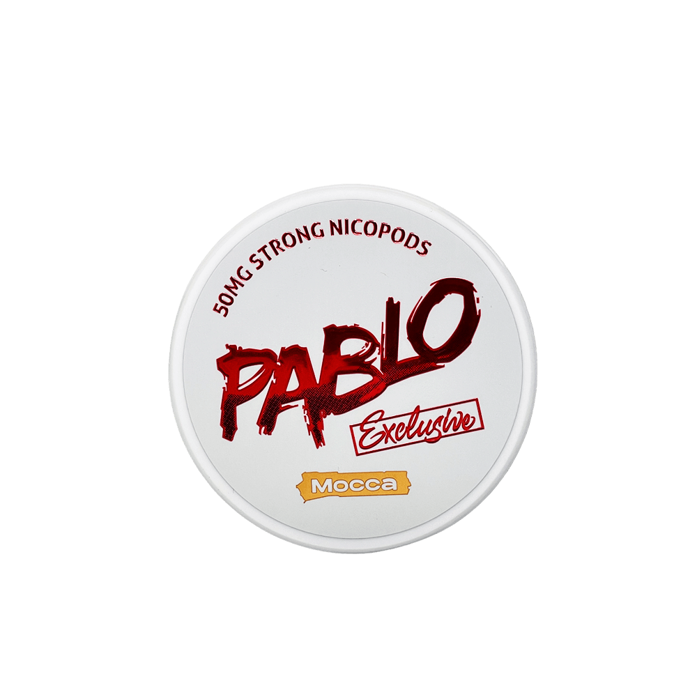 Pablo Exclusive Mocca nicotine pouches 50mg/g 30mg per pouch top of tin showing white Exclusive design with bold red Pablo logo, 50MG Strong Nicopods, Mocca flavor in warm gold, maximum-strength tobacco-free nicotine pouches buy online Canada