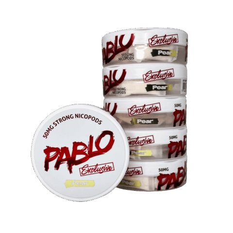 Pablo Exclusive Pear nicotine pouches 50mg/g 30mg per pouch single tin with stack of five tins showing Exclusive Pear side branding in yellow and green, 20 pouches per tin, maximum-strength tobacco-free nicotine pouches buy online Canada