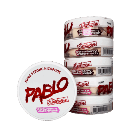 Pablo Exclusive Strawberry Watermelon nicotine pouches 50mg/g 30mg per pouch single tin with stack of five tins showing Exclusive Strawberry Watermelon side branding, 20 pouches per tin, maximum-strength tobacco-free nicotine pouches buy online Canada