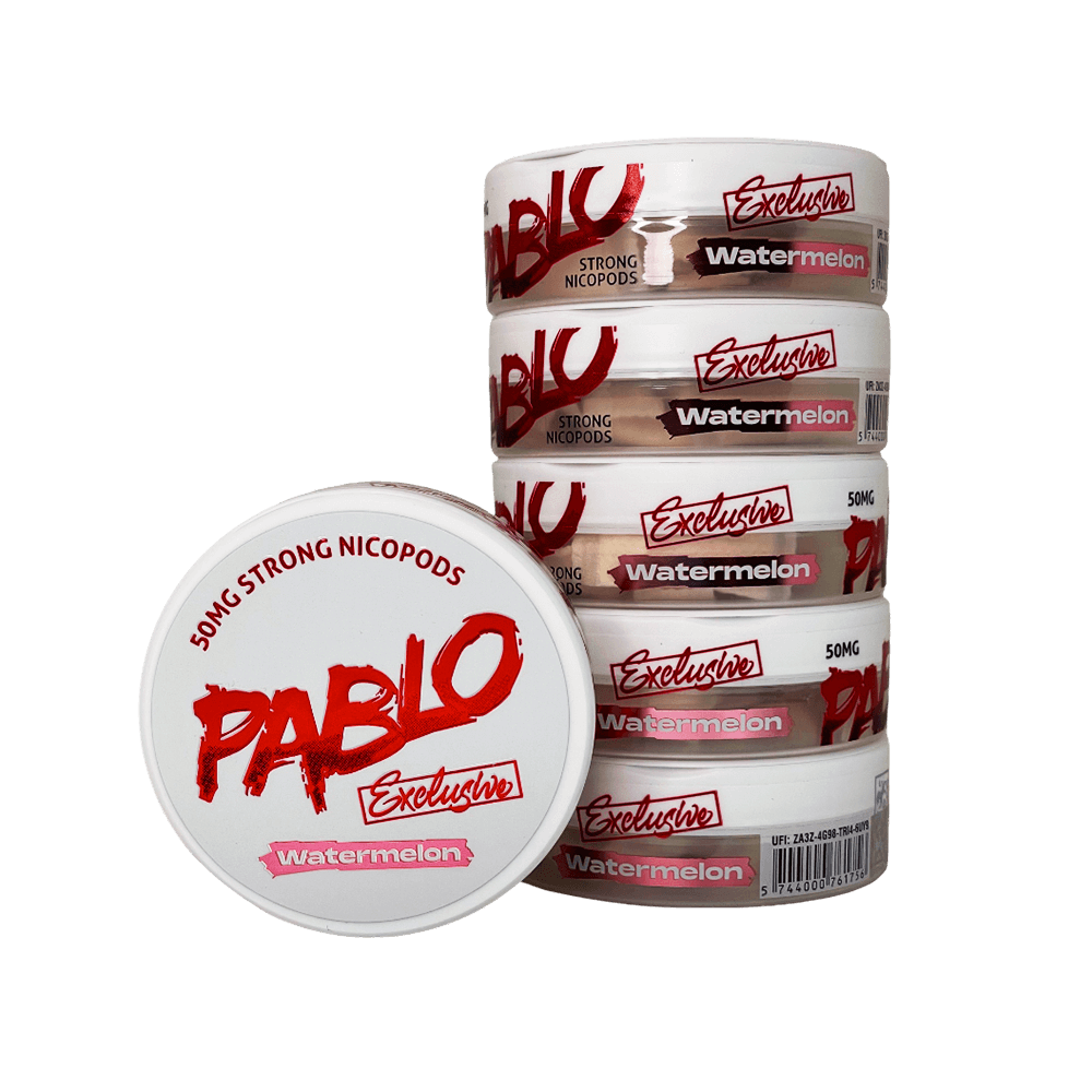 Pablo Exclusive Watermelon nicotine pouches 50mg/g 30mg per pouch single tin with stack of five tins showing Exclusive Watermelon side branding, 20 pouches per tin, maximum-strength tobacco-free nicotine pouches buy online Canada