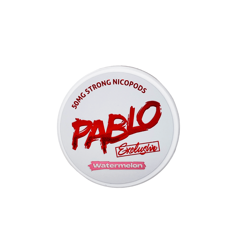 Pablo Exclusive Watermelon nicotine pouches 50mg/g 30mg per pouch top of tin showing white Exclusive design with bold red Pablo logo, 50MG Strong Nicopods, Watermelon flavor, maximum-strength tobacco-free nicotine pouches buy online Canada