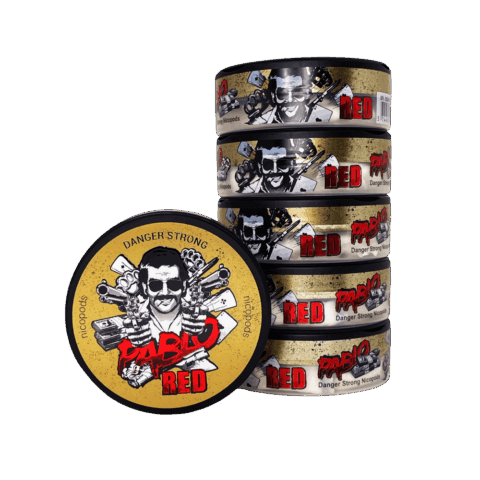 Pablo Red nicotine pouches 24mg single tin with stack of five tins showing iconic gold Pablo character artwork and Danger Strong Nicopods Red side branding, 20 pouches per tin, ultra-strong tobacco-free nicotine pouches buy online Canada
