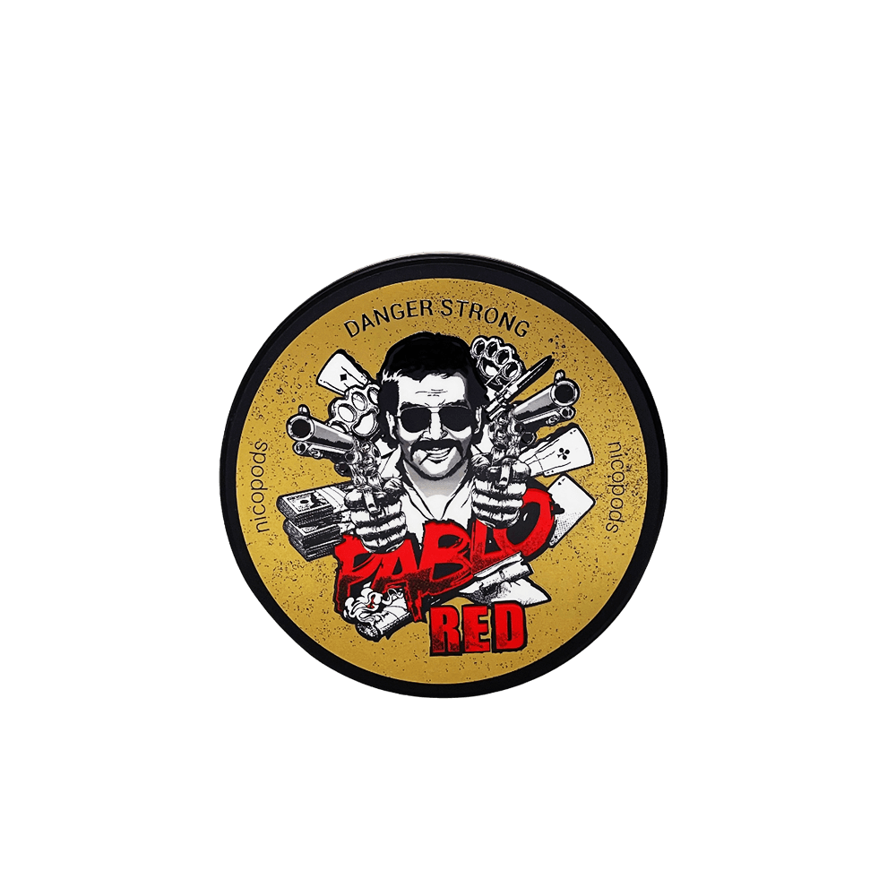 Pablo Red nicotine pouches 24mg top of tin showing iconic gold design with Pablo character holding guns, Danger Strong nicopods branding, Red flavor, ultra-strong tobacco-free nicotine pouches buy online Canada