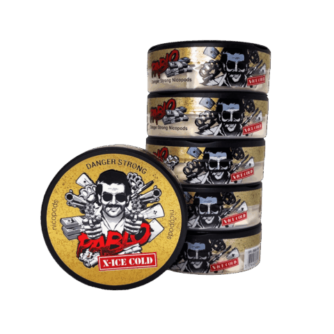 Pablo X-Ice Cold nicotine pouches 24mg single tin with stack of five tins showing iconic gold Pablo character artwork and Danger Strong Nicopods X-Ice Cold side branding, 20 pouches per tin, ultra-strong tobacco-free nicotine pouches buy online Canada