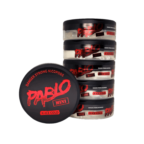 Pablo Mini X-Ice Cold nicotine pouches 15mg single tin with stack of five tins showing Danger Strong Nicopods side branding, 20 pouches per tin, extra-strong tobacco-free nicotine pouches buy online Canada