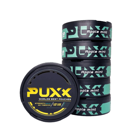 PUXX Apple Mint nicotine pouches 12mg single tin with stack of five tins showing Apple Mint side branding, 20 pouches per tin, tobacco-free nicotine pouches log buy online Canada