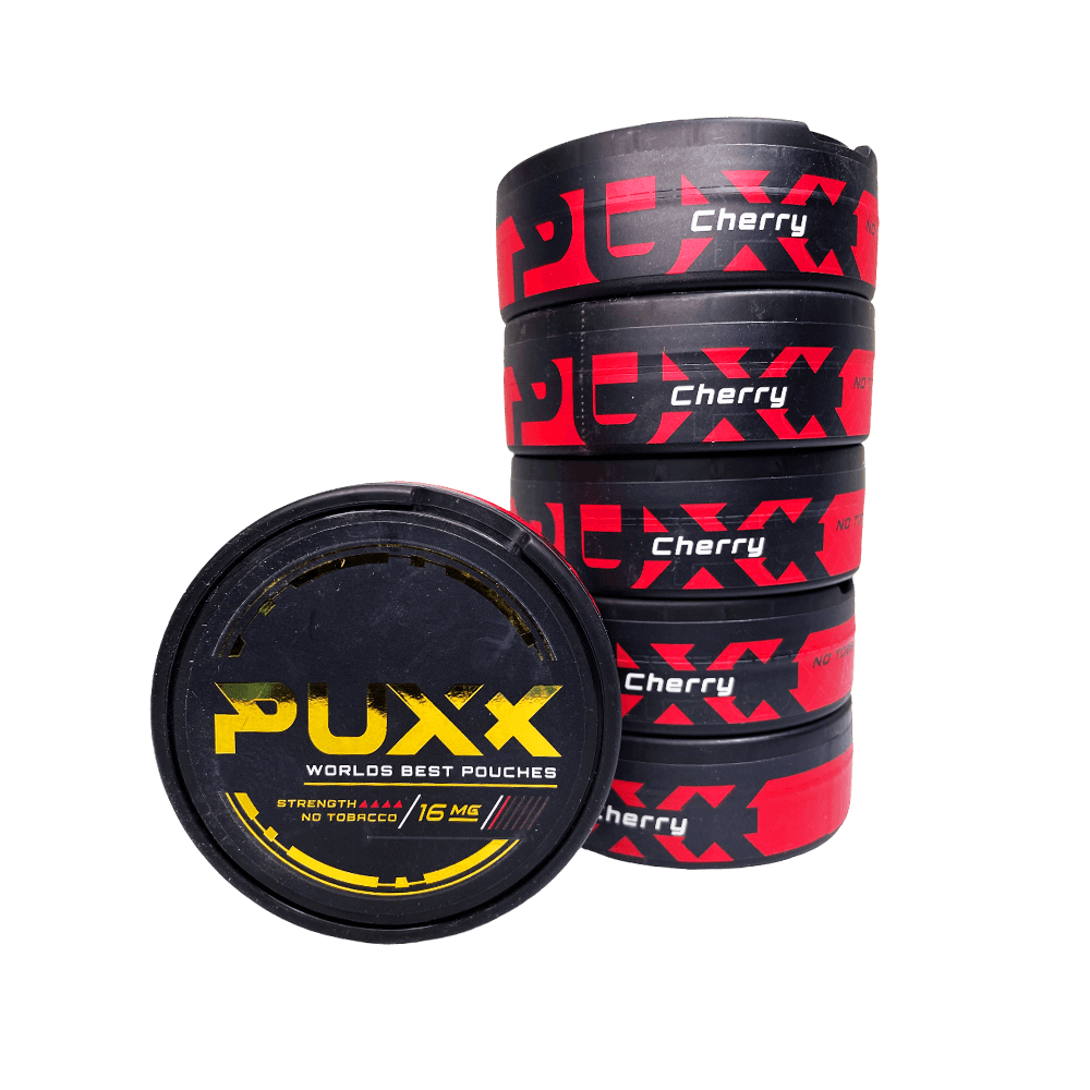 PUXX Cherry nicotine pouches 16mg single tin with stack of five tins showing Cherry side branding in red, 20 pouches per tin, tobacco-free nicotine pouches log buy online Canada
