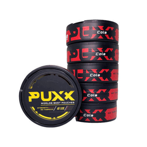 PUXX Cola nicotine pouches 6mg single tin with stack of five tins showing Cola side branding in red, 20 pouches per tin, tobacco-free nicotine pouches log buy online Canada