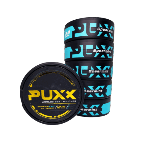 PUXX Spearmint nicotine pouches 12mg single tin with stack of five tins showing Spearmint side branding in turquoise blue, 20 pouches per tin, tobacco-free nicotine pouches log buy online Canada