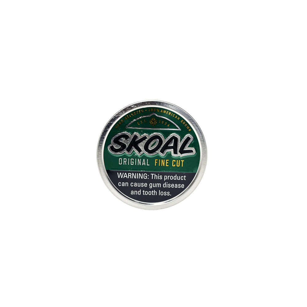 Skoal Original Fine Cut dipping tobacco tin top view showing green lid with Skoal logo, Original Fine Cut label, Hand Selected 100% American Grown designation, and Est. 1934 - buy Skoal Original dip online