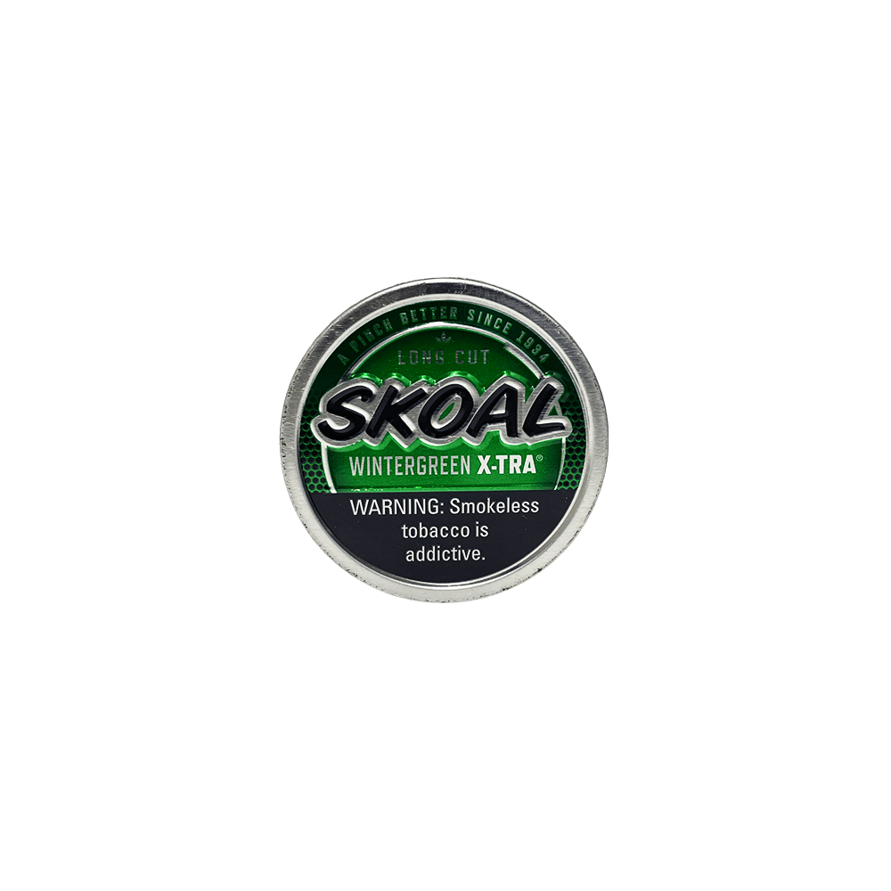 Skoal Wintergreen X-TRA Long Cut dipping tobacco tin top view showing green lid with Skoal logo - order Skoal Wintergreen XTRA dip online