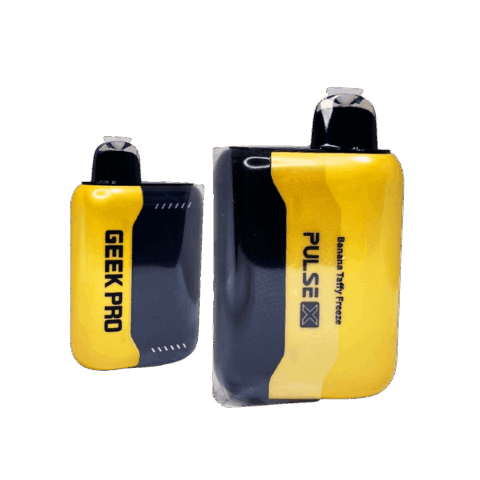 Geek Bar Pulse X 25K Puffs Banana Taffy Freeze disposable vape in yellow and black with Geek Pro device
