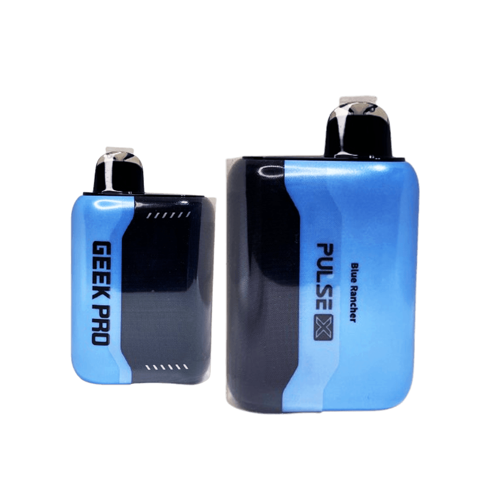 Geek Bar Pulse X 25K Puffs Blue Rancher disposable vape in blue and black with Geek Pro device
