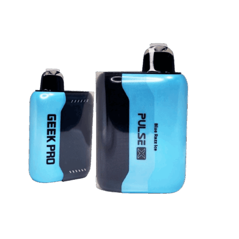 Geek Bar Pulse X 25K Puffs Blue Razz Ice disposable vape in blue and black with Geek Pro device